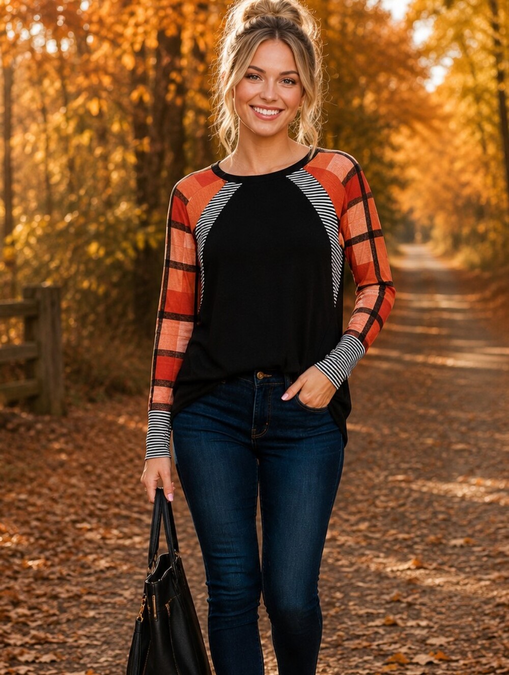 Black Rust Plaid & Stripe Raglan Long Sleeve Fall Top